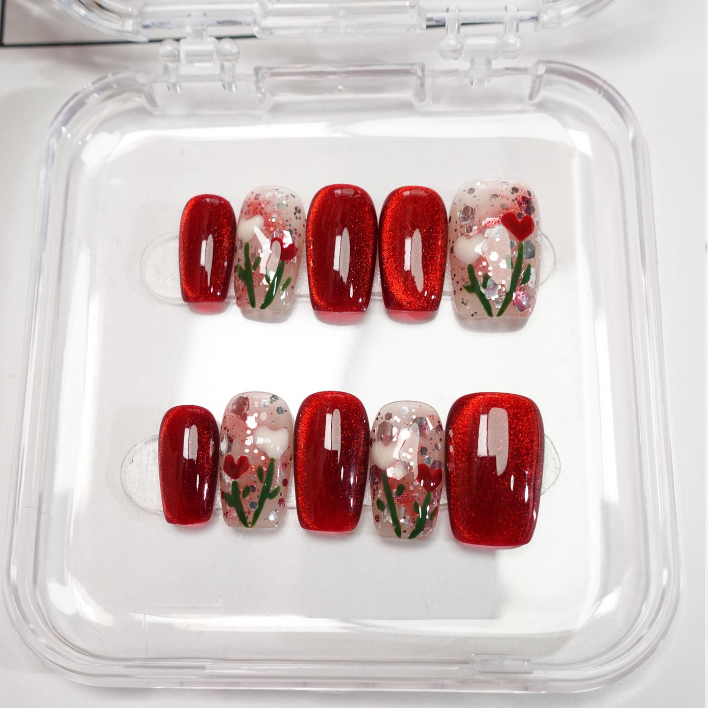 A82 Elegant Red Cat Eye Flowers Press on Nails