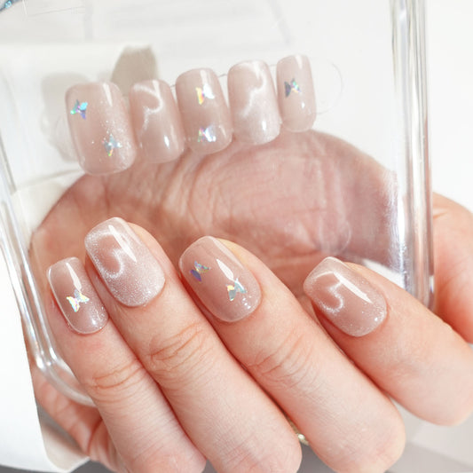 C26 Super Short Pink Cat Eye Heart Design Handmade Press On Nails
