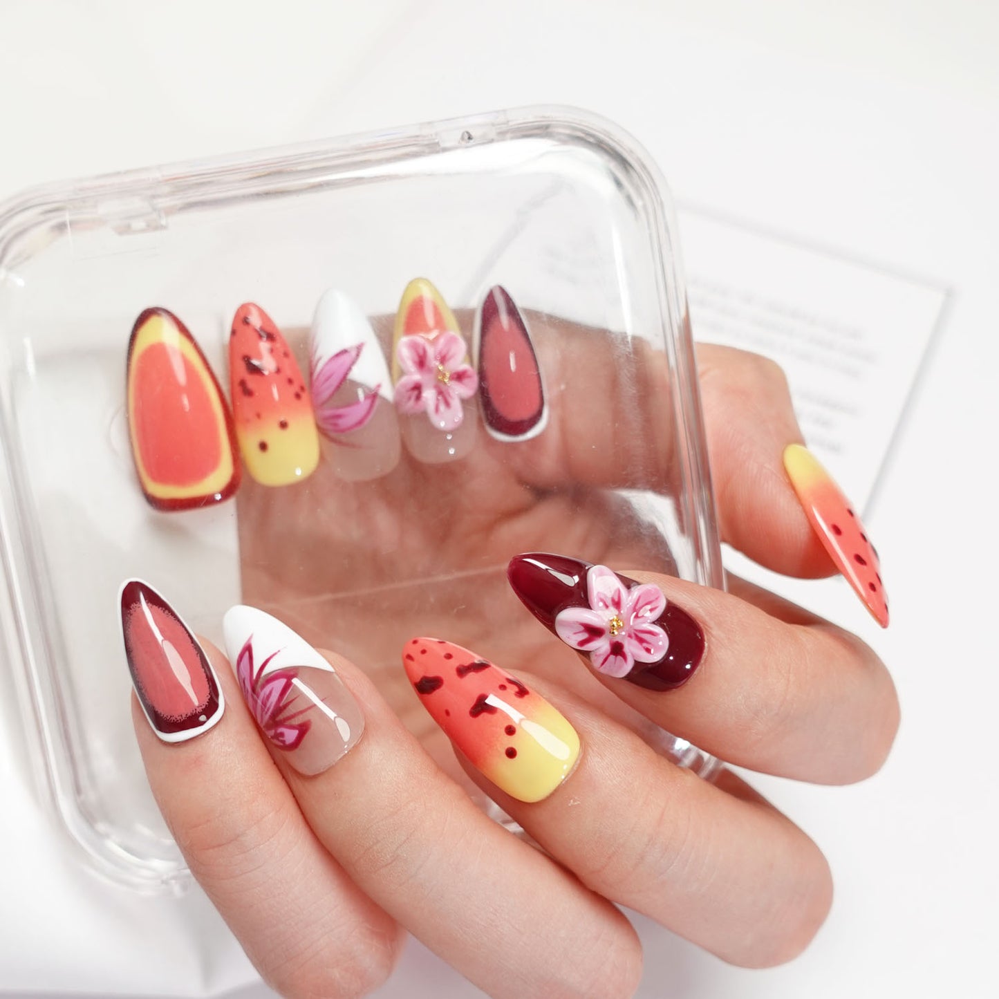 A59 Almond Shape 3D Flowers Press on Nails