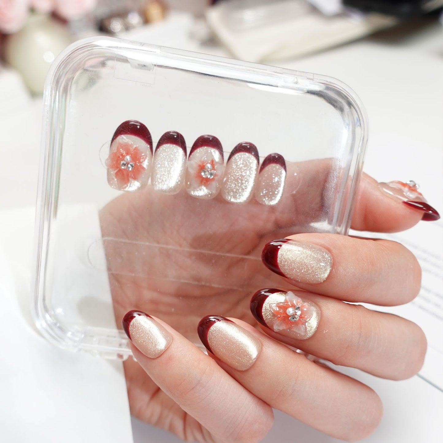 A47 3D Flowers Short Oval Shape French Tips for Women+tool kit