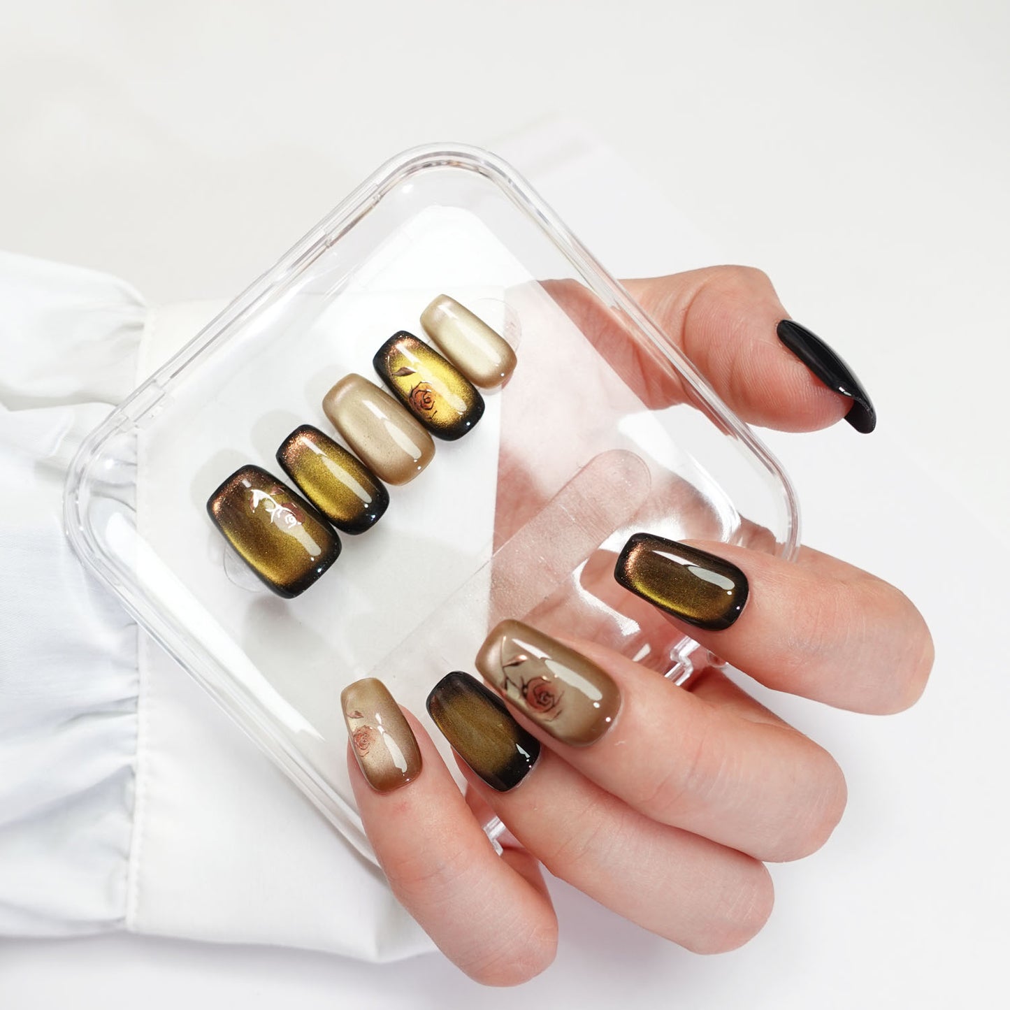 A15 High Class Short Square Flowers Cat Eye Press On Nails