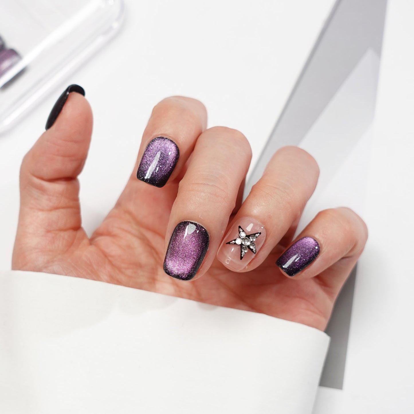 A32 Super Short Purple Cat Eye Press on Nails+tool kit