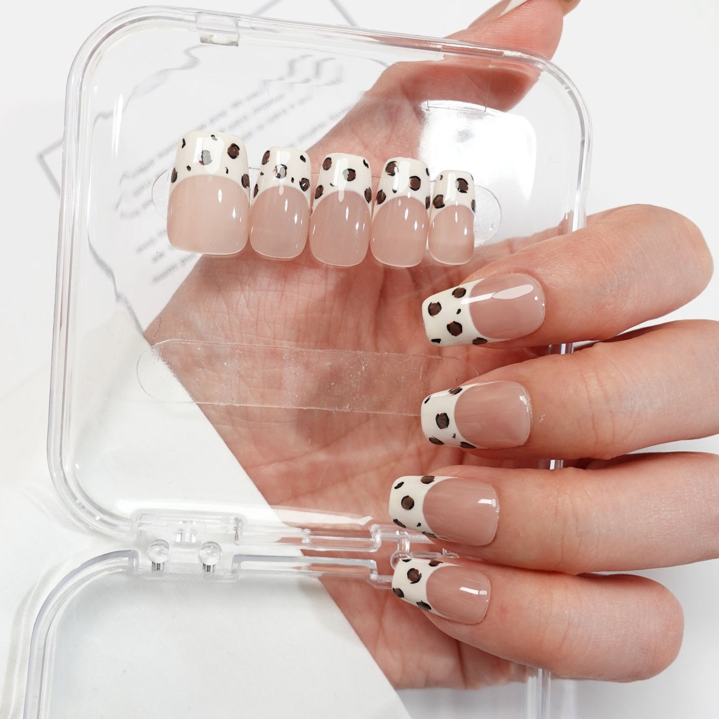 A3 Short Square Shape Leopard Printed French Tips press on Nails