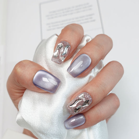 A49 Blue Cat Eyes Short Coffin Press on Nails for Women+tool kit