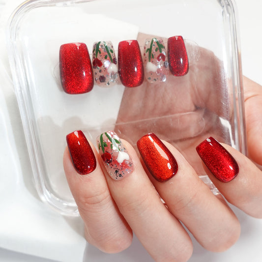 A82 Elegant Red Cat Eye Flowers Press on Nails