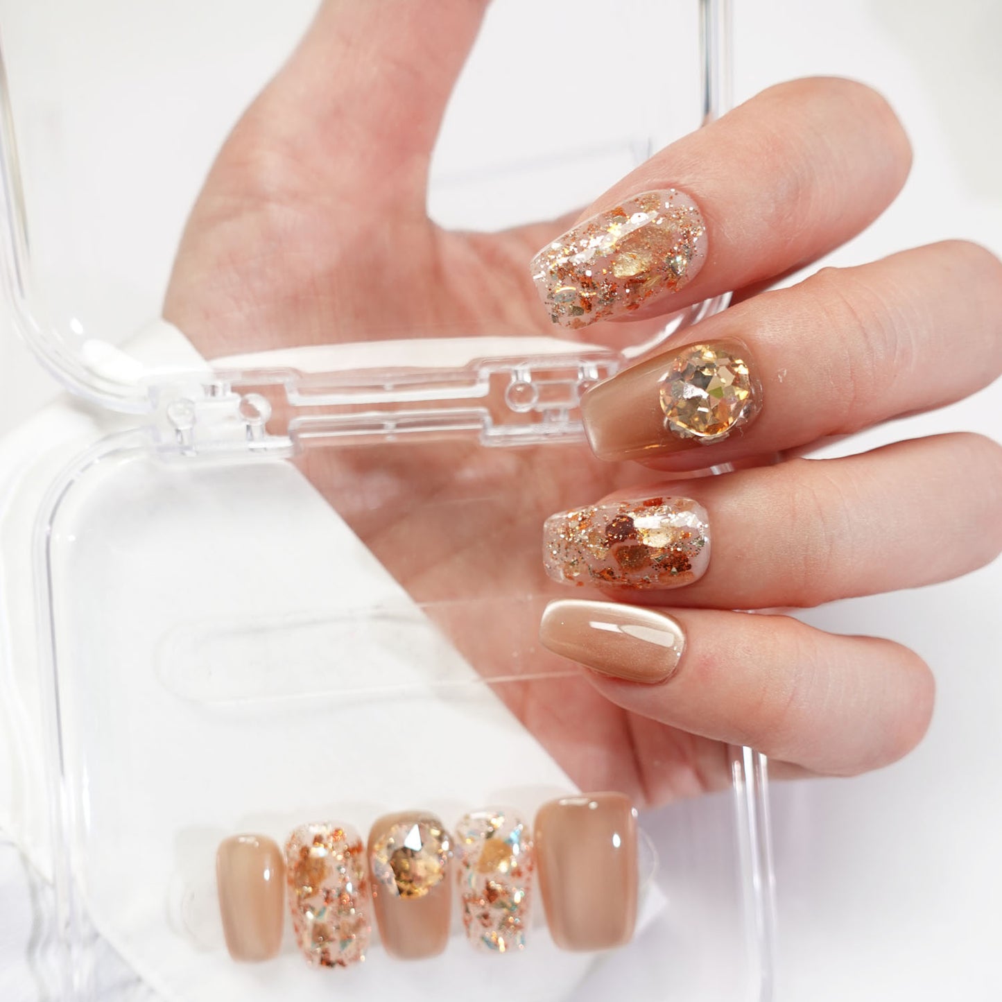 A21 Shiny Short Coffin Gold Cat Eye Press on Nails