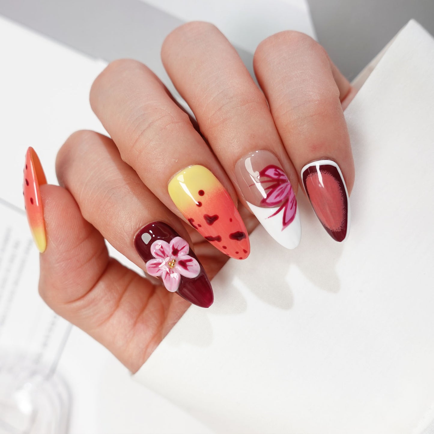 A59 Almond Shape 3D Flowers Press on Nails