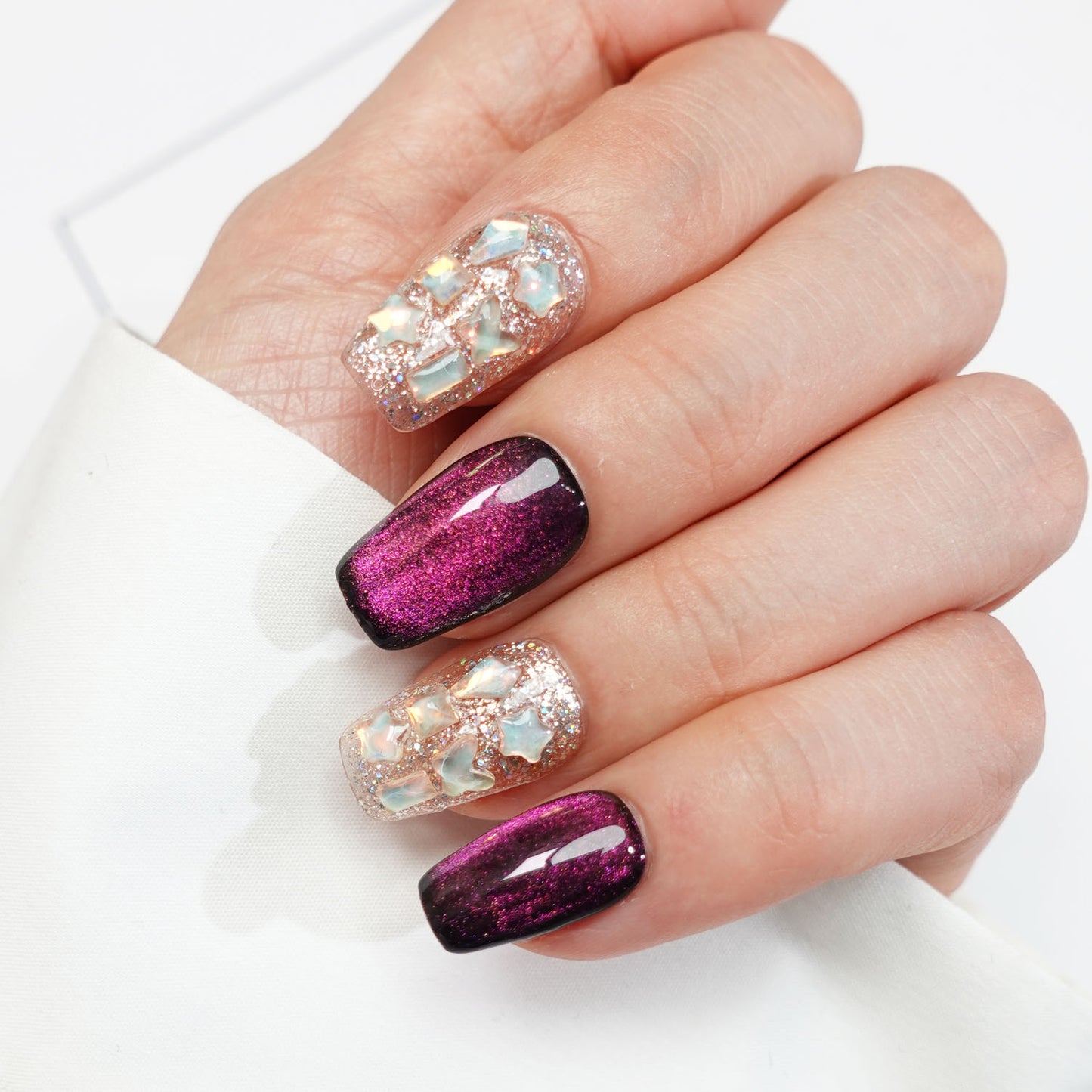 A5 Exquisite Purple Cat Eye Short Coffin False Nails for Women+Application Kit