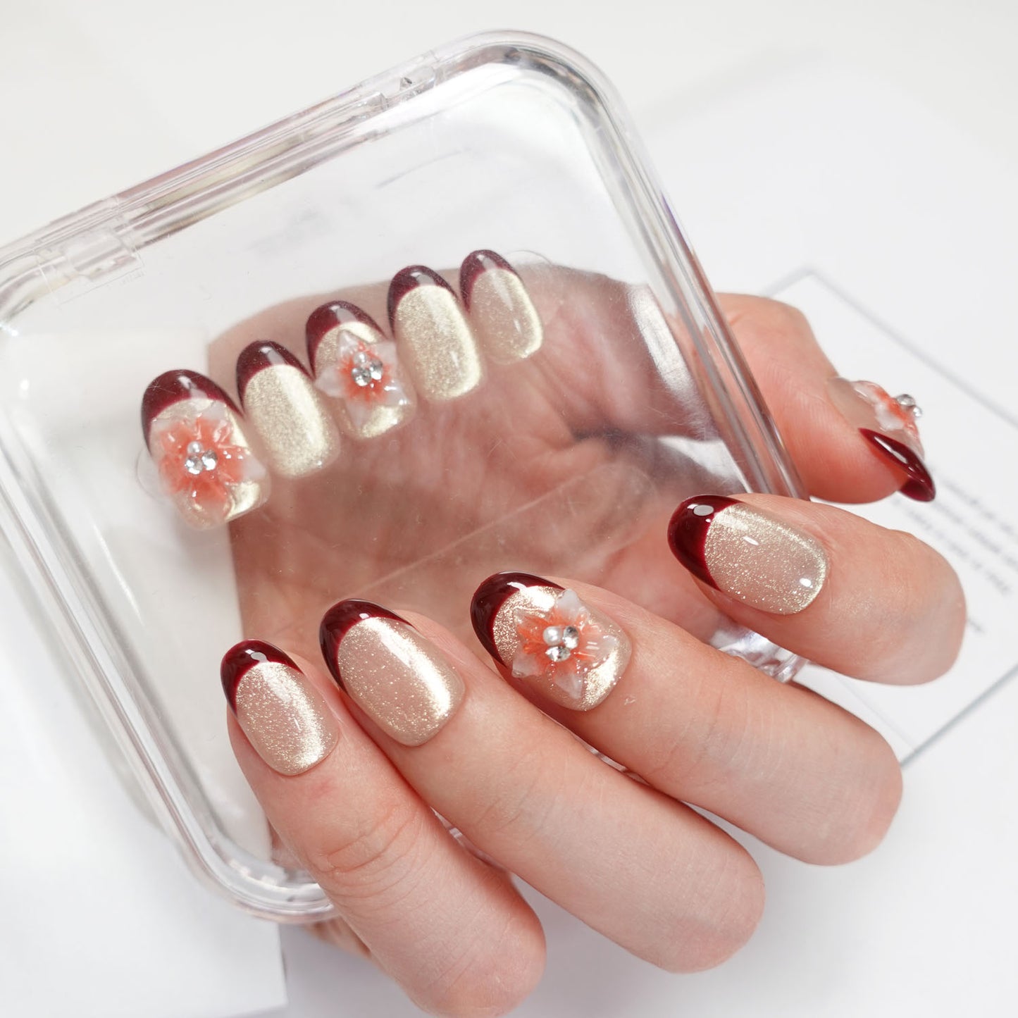 A47 3D Flowers Short Oval Shape French Tips for Women+tool kit