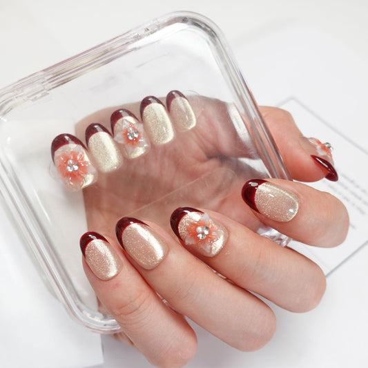 A47 3D Flowers Short Oval Shape French Tips for Women+tool kit
