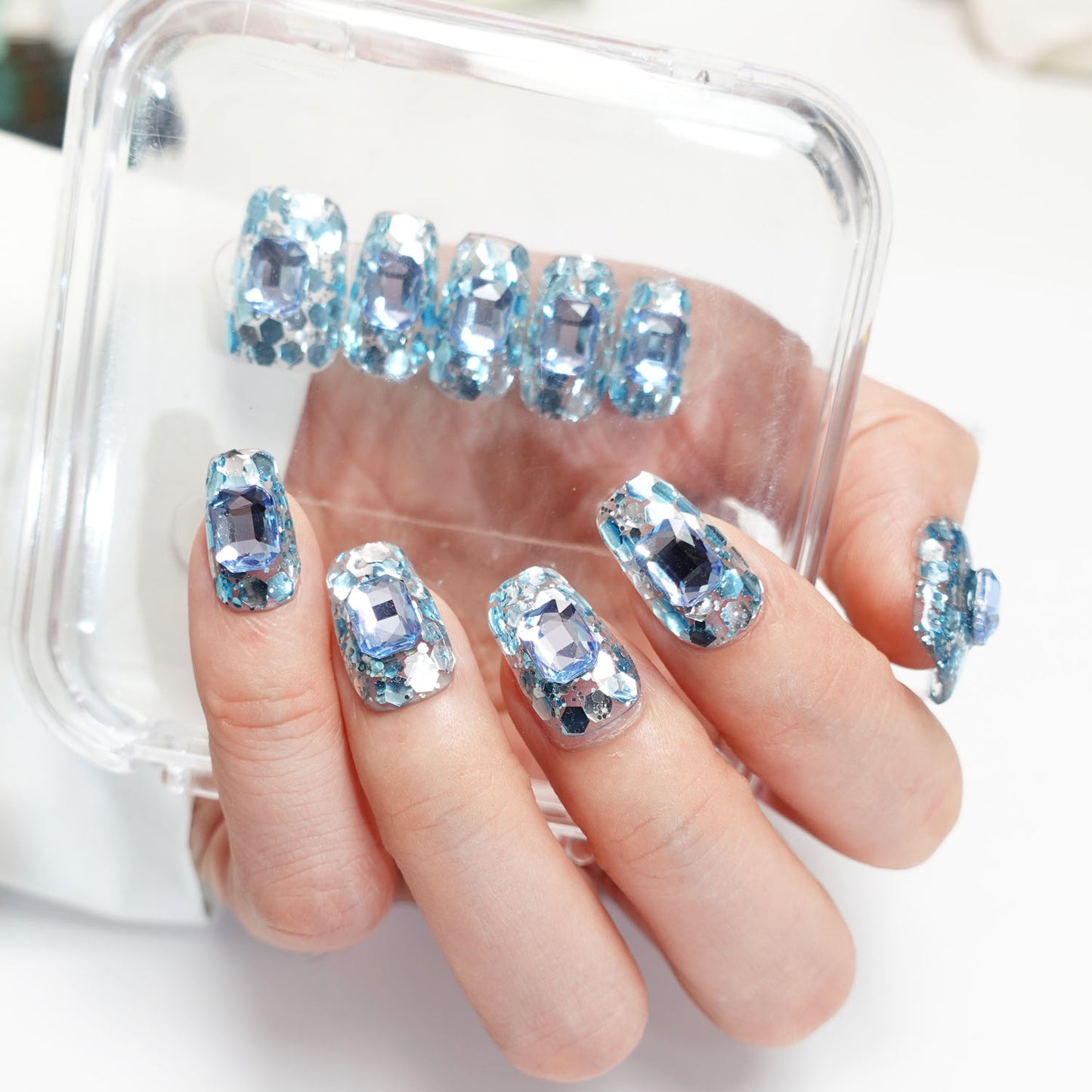 A37 Shiny Short Coffin Blue Color Press on Nails