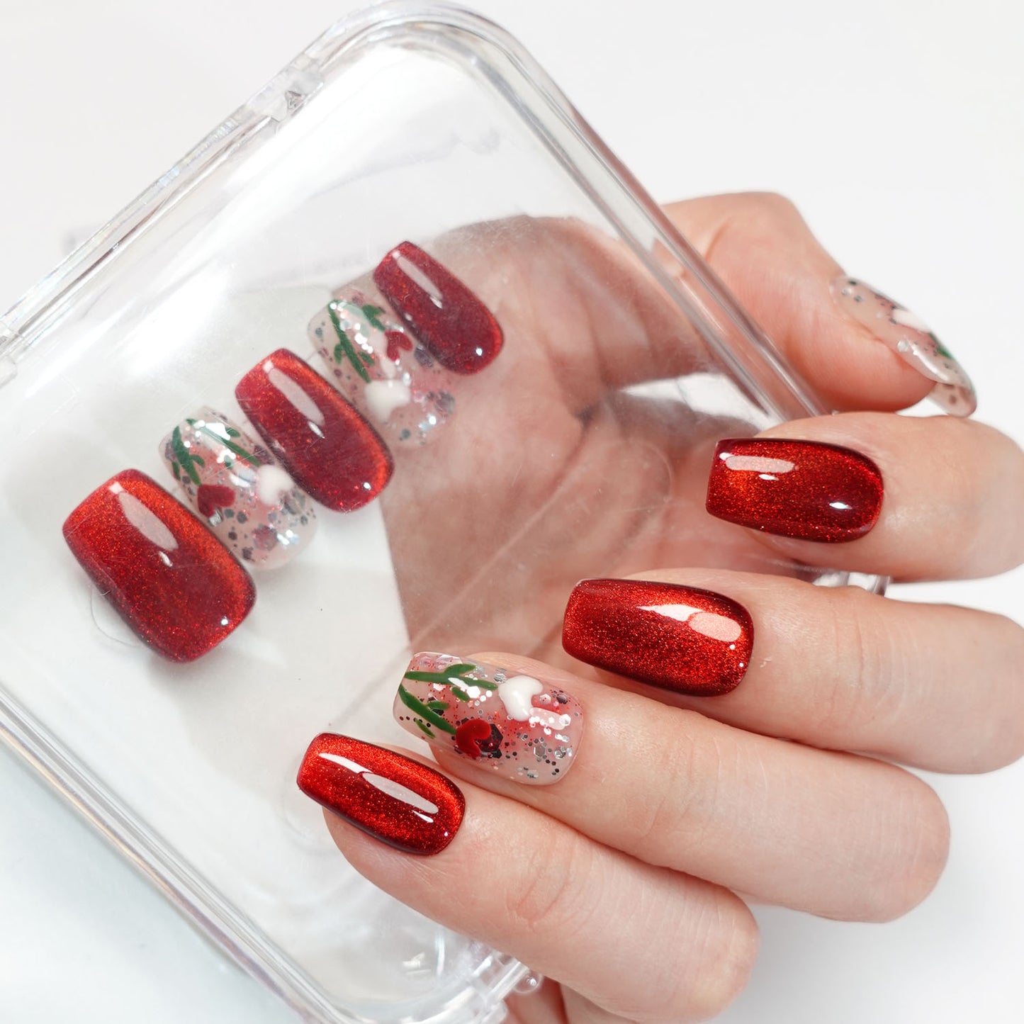A82 Elegant Red Cat Eye Flowers Press on Nails