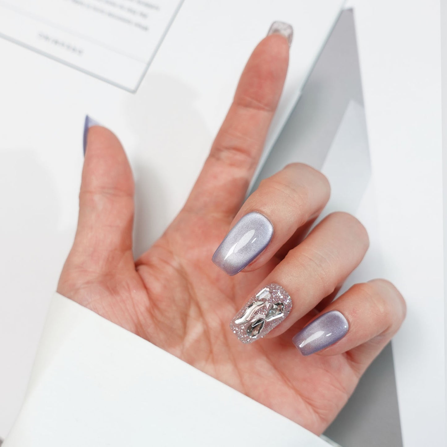 A49 Blue Cat Eyes Short Coffin Press on Nails for Women+tool kit
