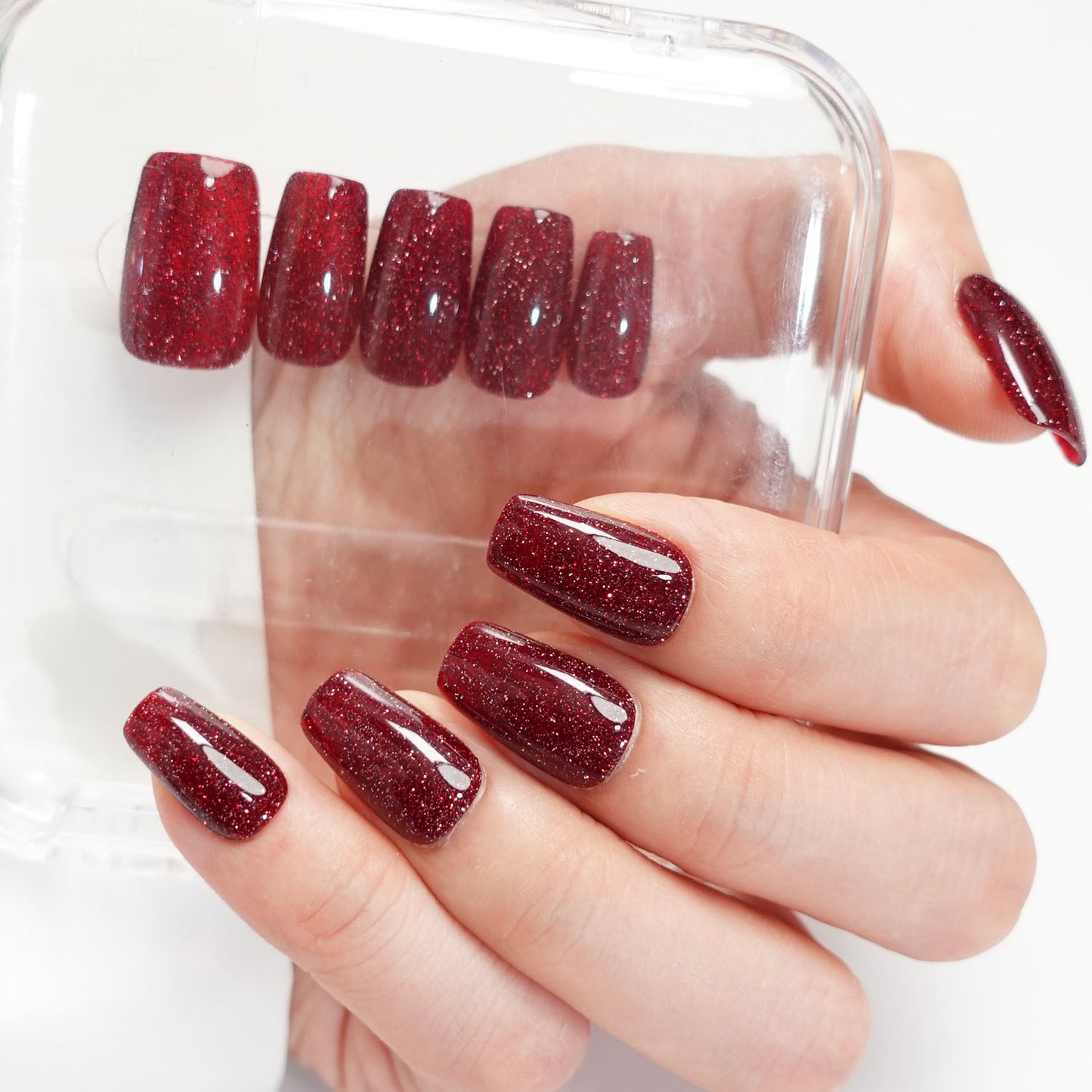 A38 Shiny Red Short Coffin Shape Press on Nails