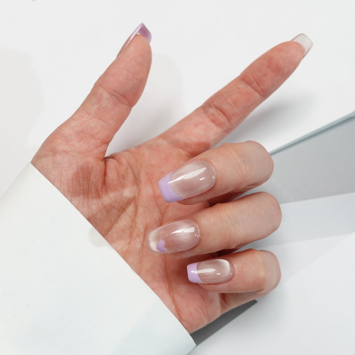 A109 French Style Cat Eye Short Coffin Press on Nails for Women