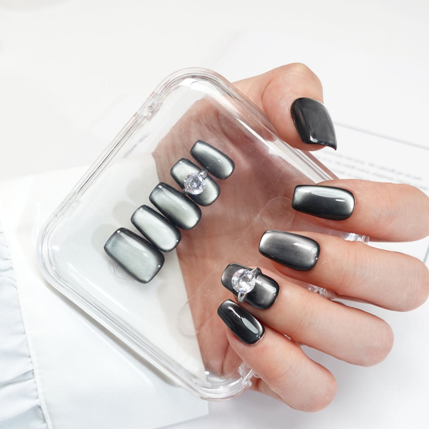 A42 Black Cat Eye Ring Design Short Coffin Press on Nails