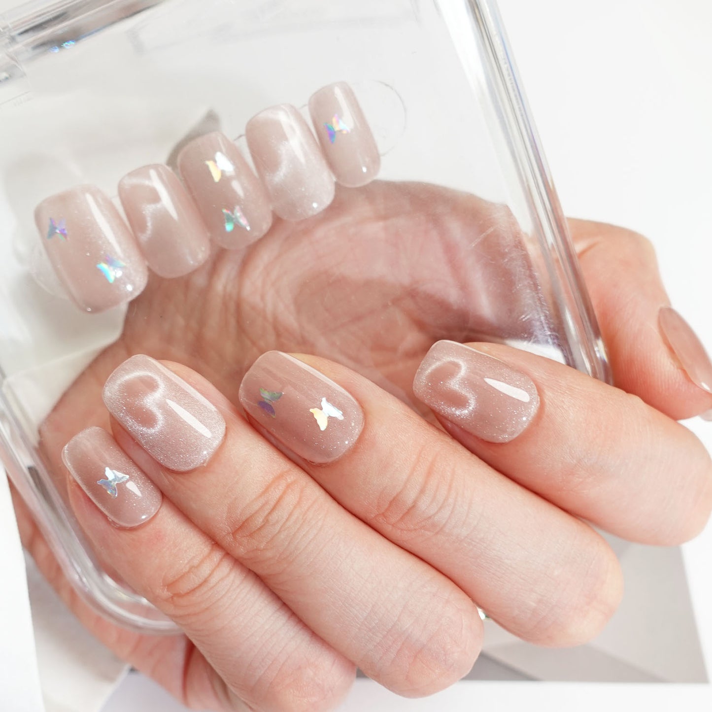 C26 Super Short Pink Cat Eye Heart Design Handmade Press On Nails