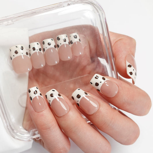 A3 Short Square Shape Leopard Printed French Tips press on Nails