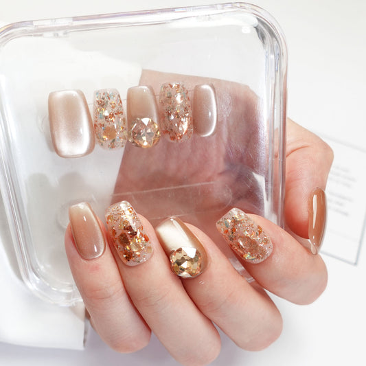 A21 Shiny Short Coffin Gold Cat Eye Press on Nails