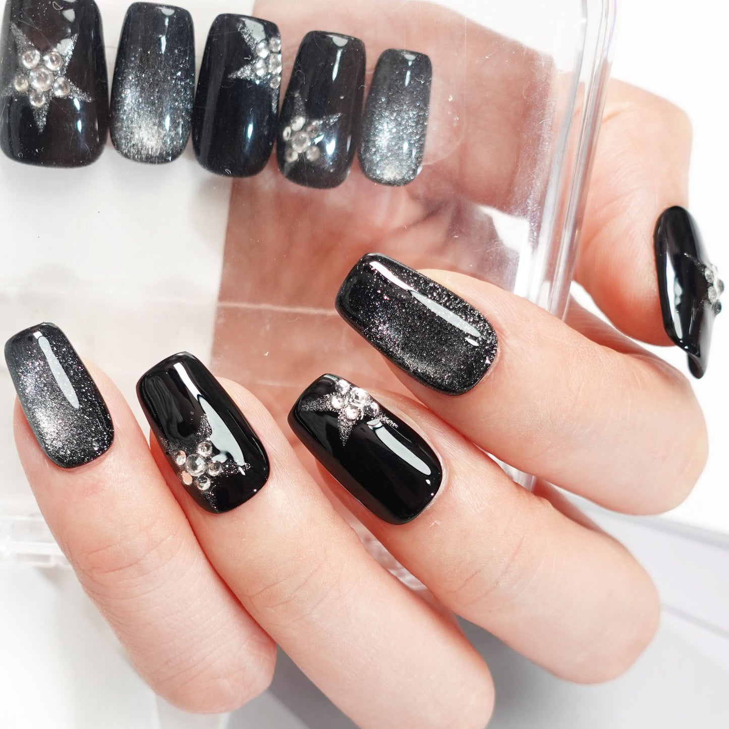 A81 Black Stars Short Coffin Shape Press On Nails+tool kit