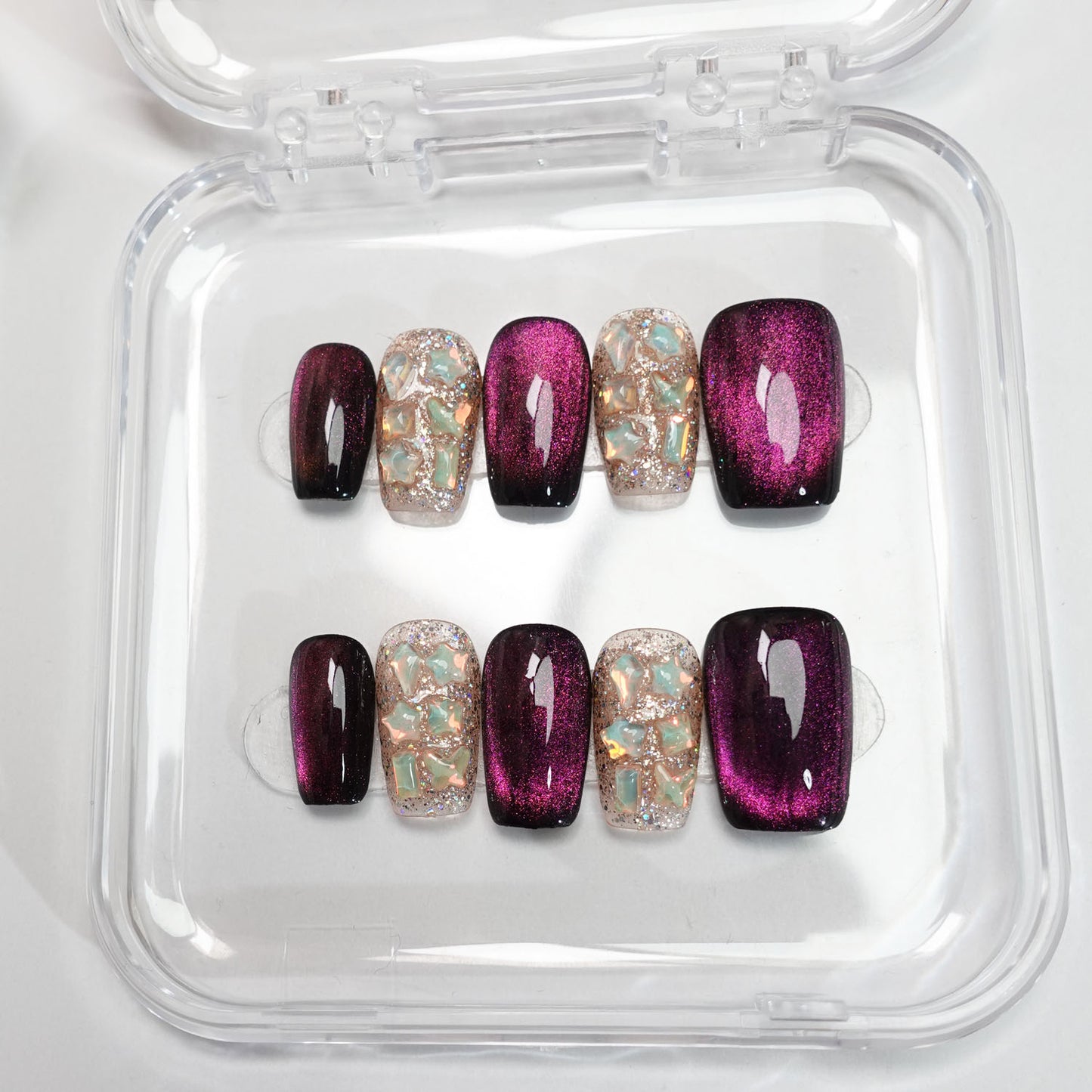 A5 Exquisite Purple Cat Eye Short Coffin False Nails for Women+Application Kit