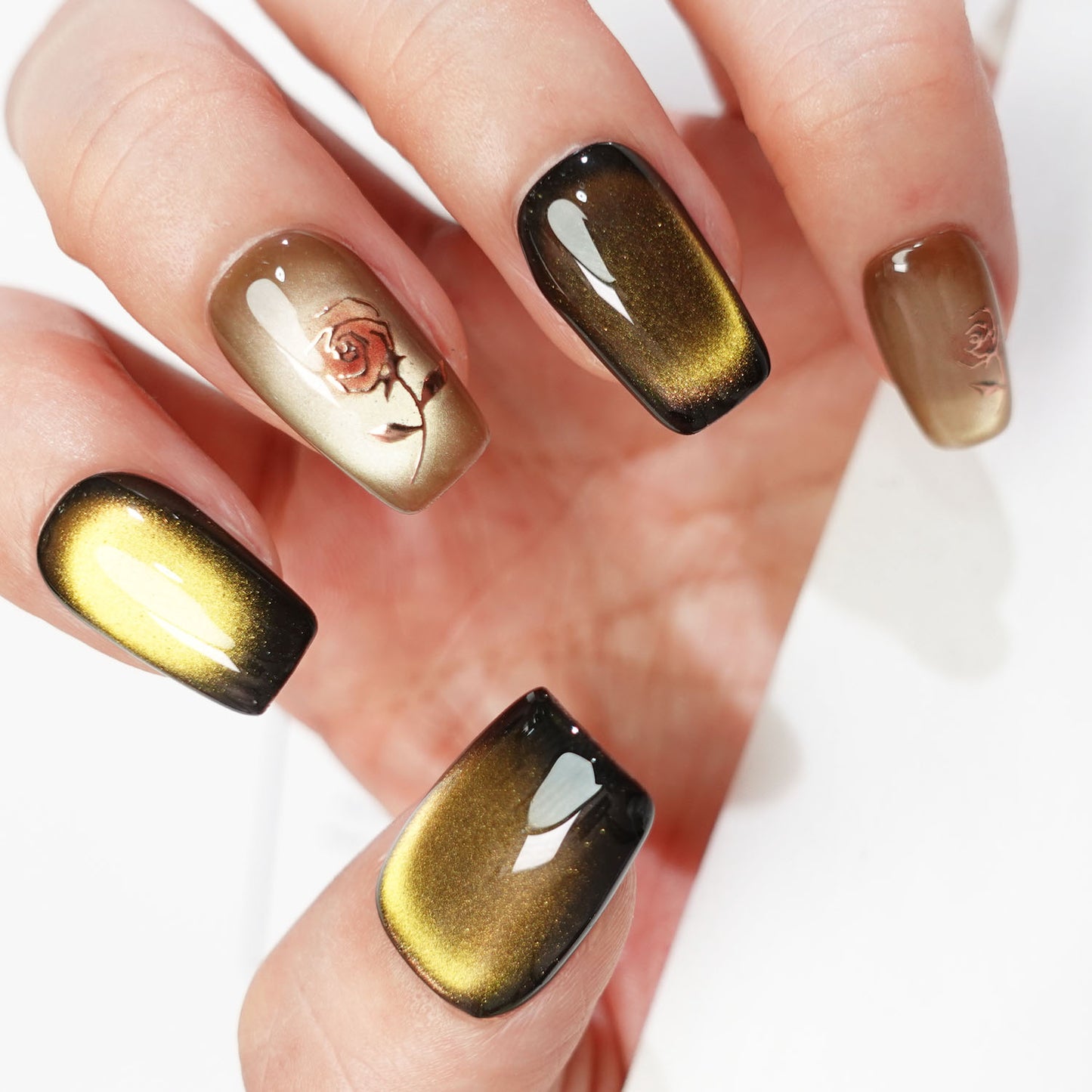 A15 High Class Short Square Flowers Cat Eye Press On Nails