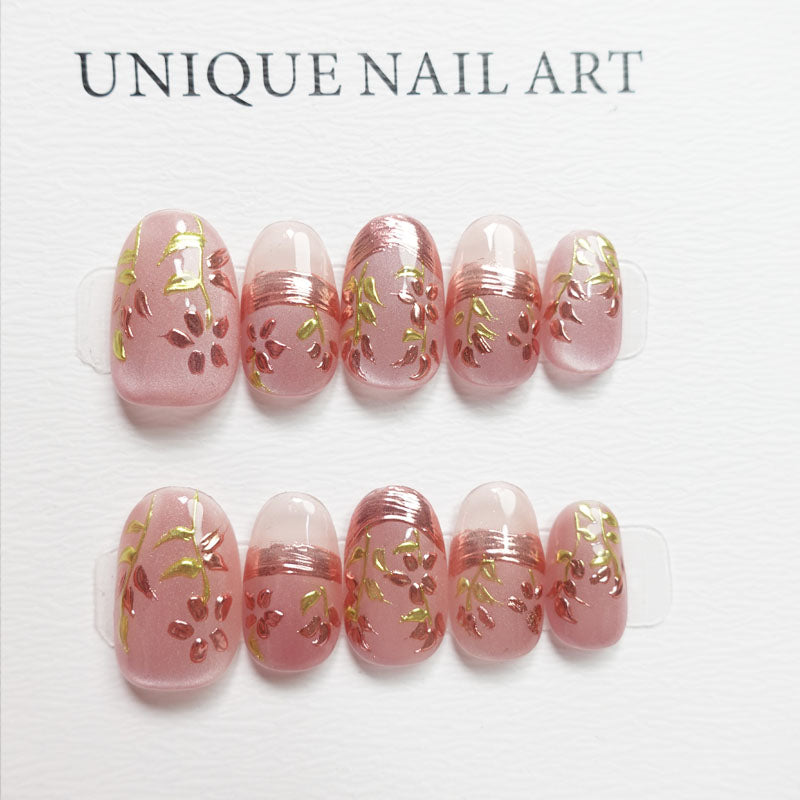 A16 Elegant Flower Design Short Oval Handmade Press on Nails +tool kit