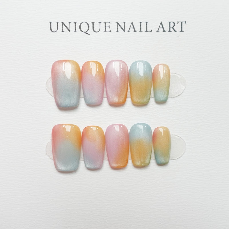 C9 Rainbow Cat Eye Short Coffin Press on Nails +tool kit