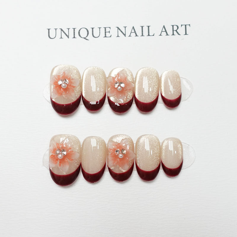 A47 3D Flowers Short Oval Shape French Tips for Women+tool kit