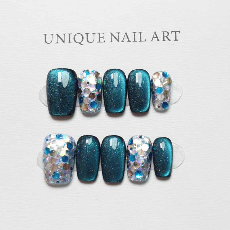 C16 Blue Cat Eye Short Press on Nails