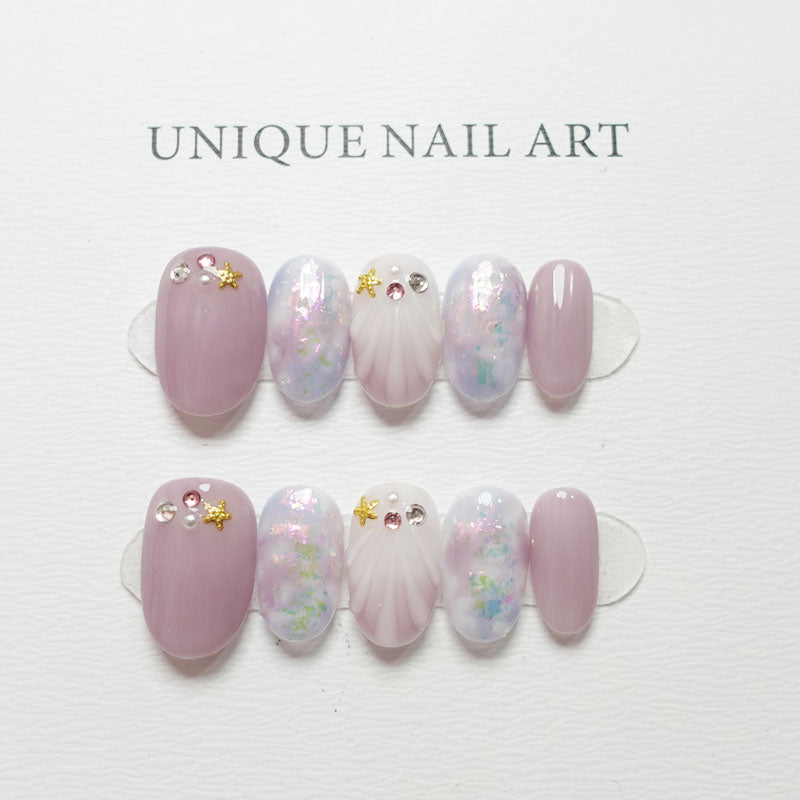 C14 Lovely Short Oval Shape Purple Handmade Press On False Nails