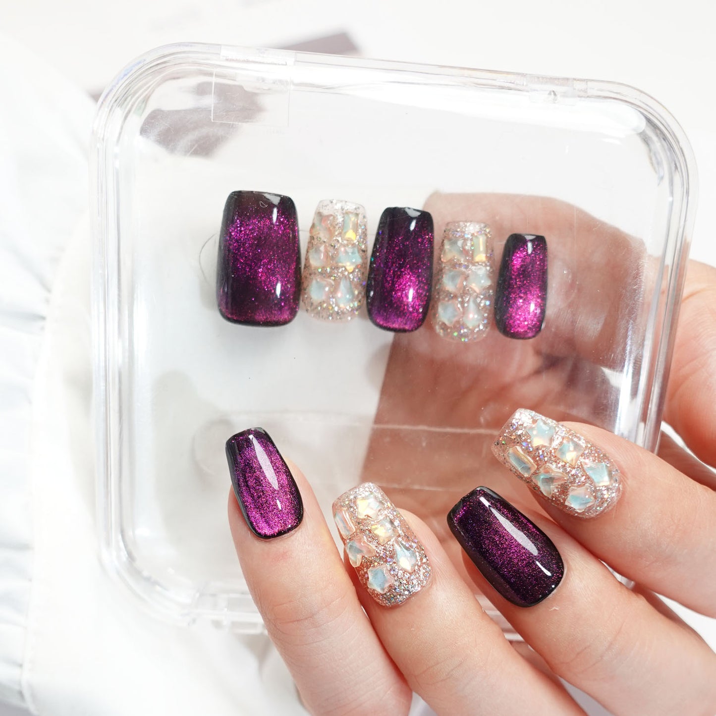 A5 Exquisite Purple Cat Eye Short Coffin False Nails for Women+Application Kit