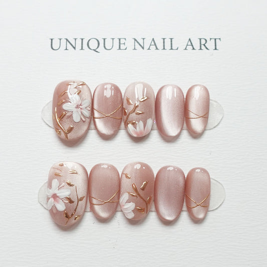 C29 Short Oval Shape Flowers Design Press On False Nails
