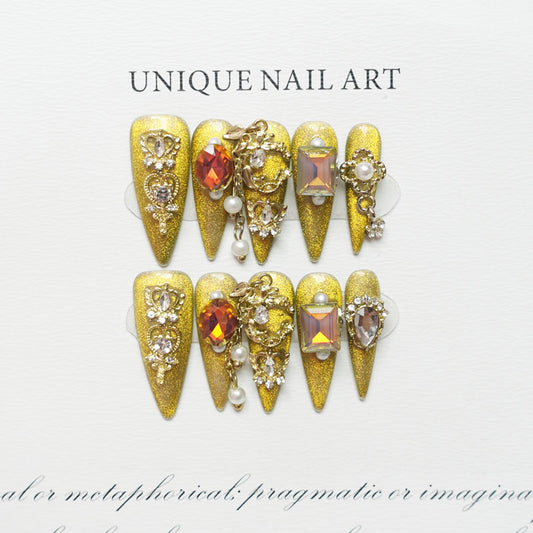 B2 Luxury Gold Color Stiletto Shaped Press on Nails for Women