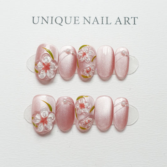 C27 Short Oval Shape 3D Flowers Cat Eye Press on Nails