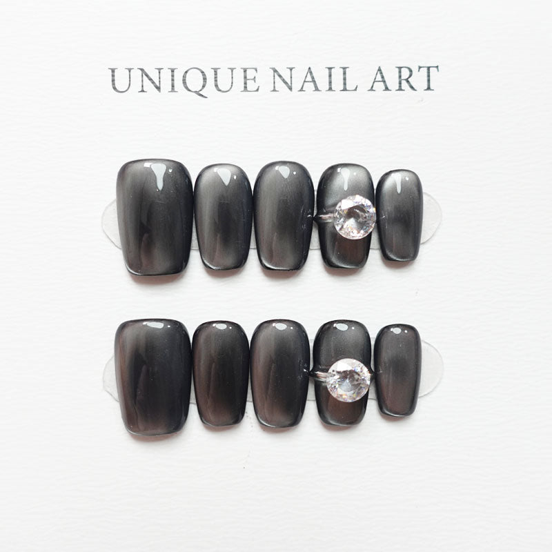 A42 Black Cat Eye Ring Design Short Coffin Press on Nails