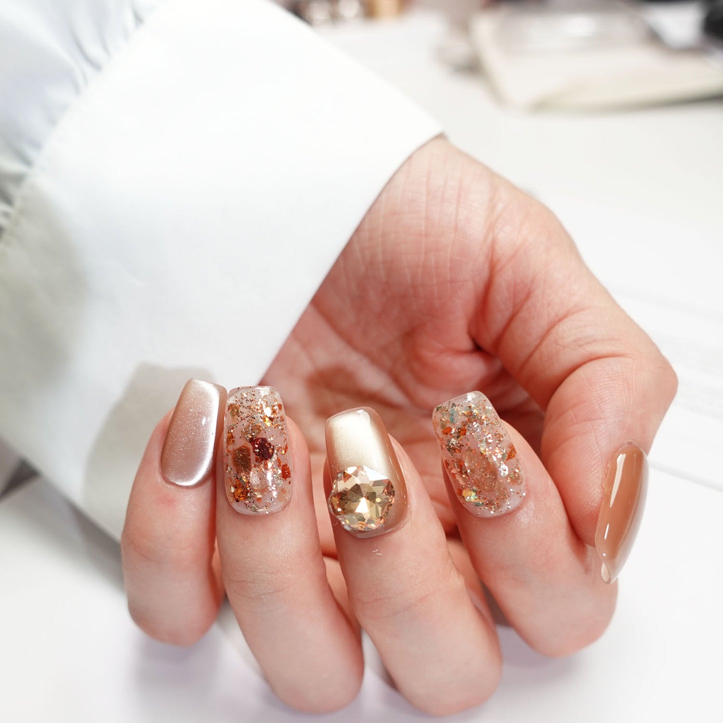 A21 Shiny Short Coffin Gold Cat Eye Press on Nails