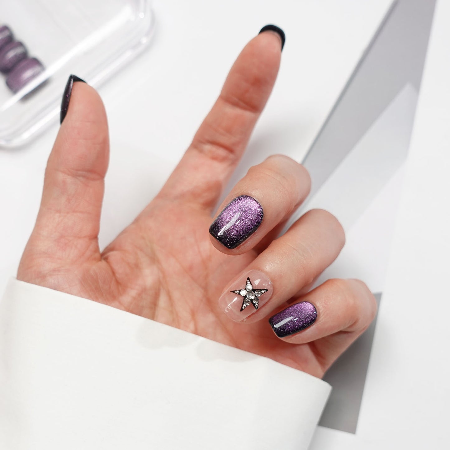A32 Super Short Purple Cat Eye Press on Nails+tool kit