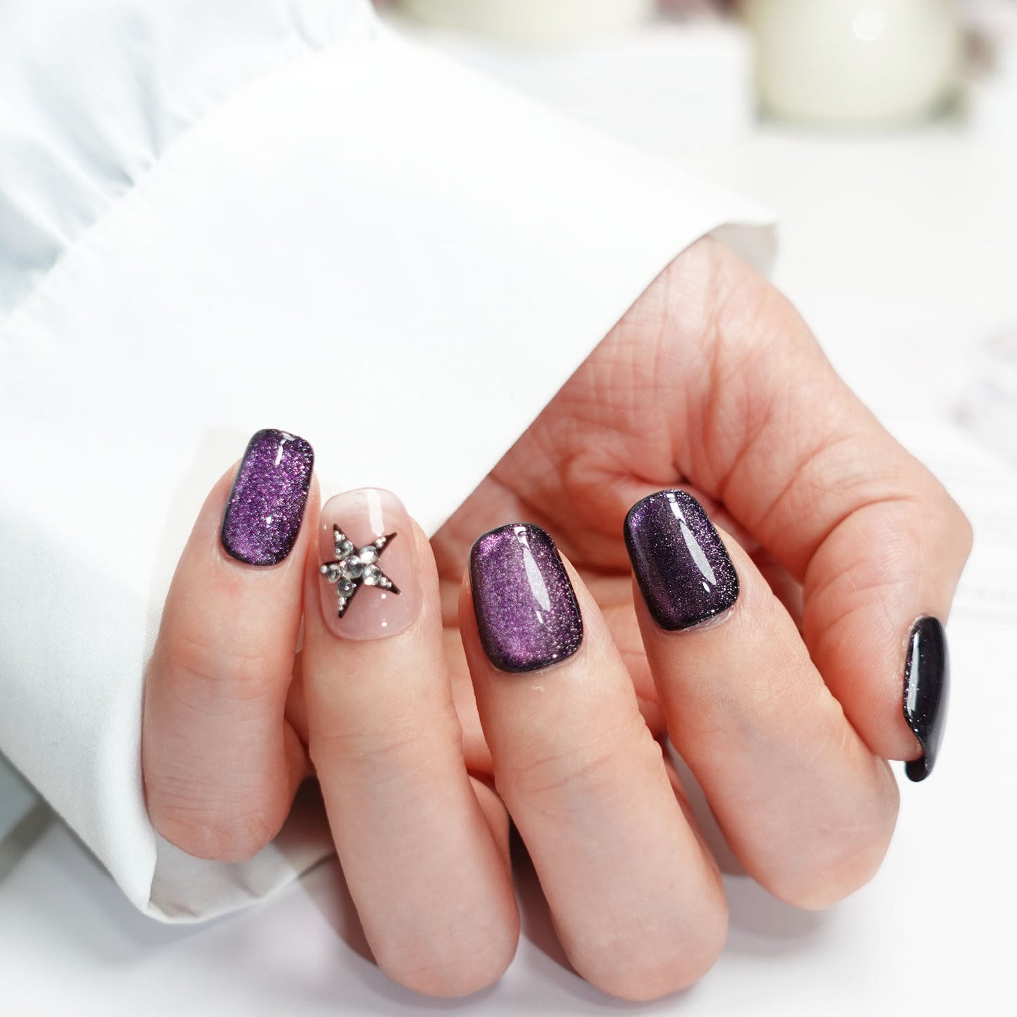 A32 Super Short Purple Cat Eye Press on Nails+tool kit