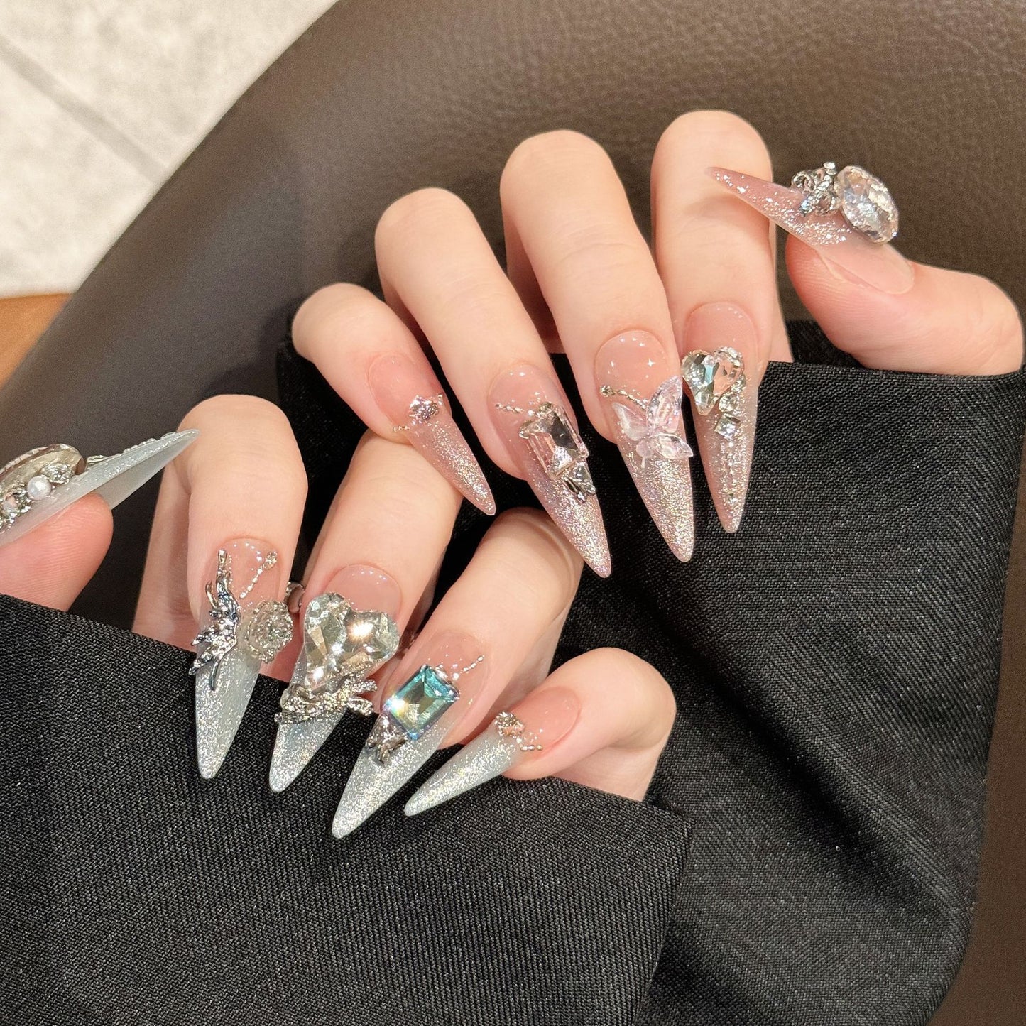 B3 Shiny Butterfly Stiletto Shaped Press on Nails for Women