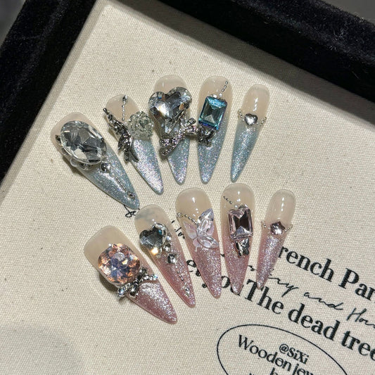 B3 Shiny Butterfly Stiletto Shaped Press on Nails for Women
