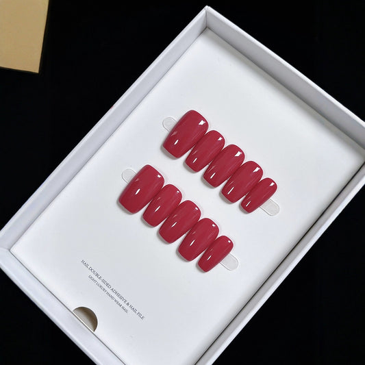 C25 Rose Red Short Coffin Handmade Press on Nails